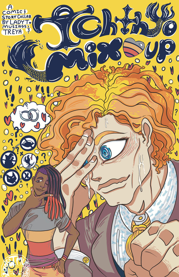 Sweaty strawberry blonde in bg with hand in face freaking out with is boyfriend with strawberry dipped lox looking thoughtful.